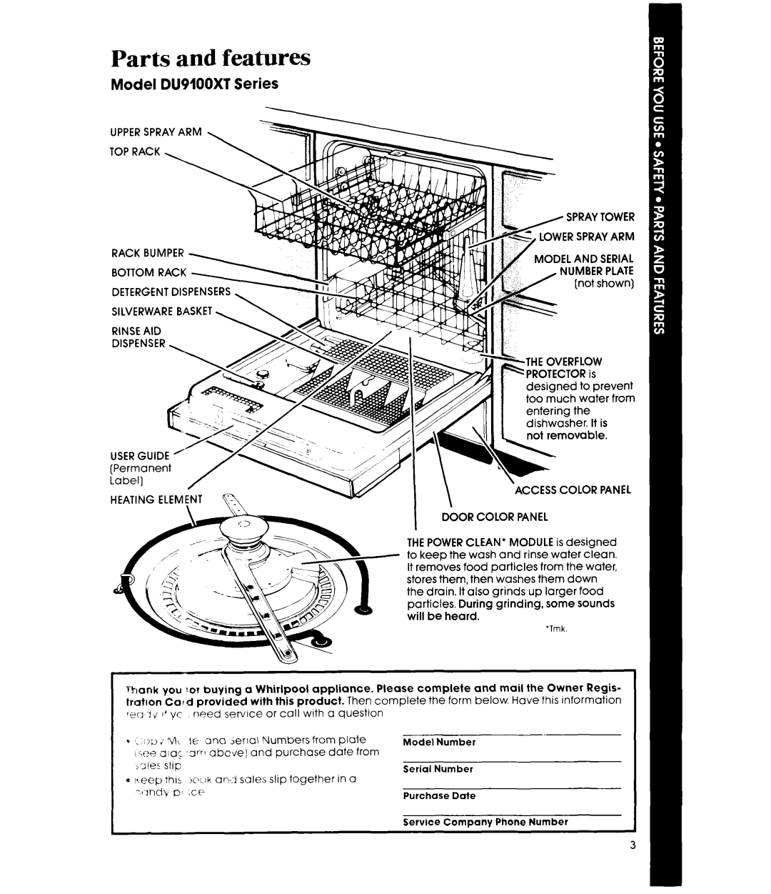 Whirlpool manual Parts and features, Model DU9100XT Series 