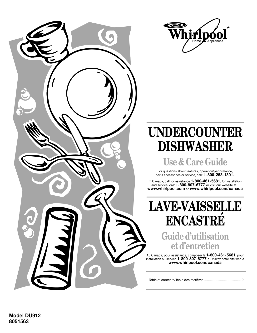 Whirlpool DU912 8051563 manual Dishwasher, Encastré, Undercounter, Lave-Vaisselle, Use& Care Guide, Model DU912 