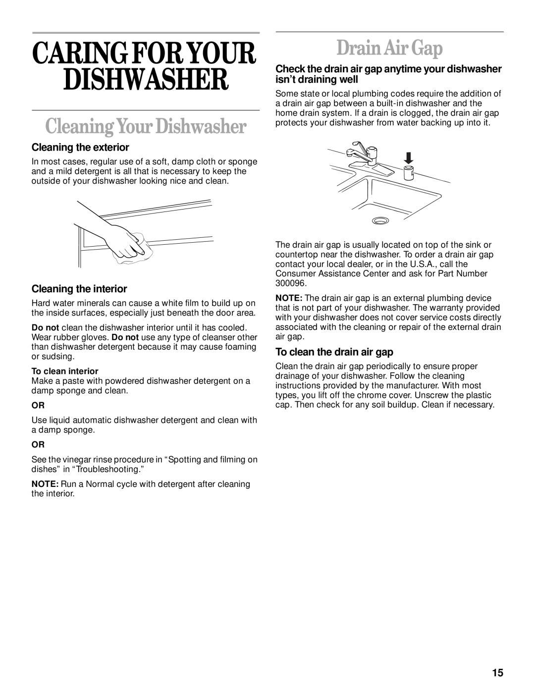 Whirlpool DU912 8051563 Caringforyour, DrainAir Gap, CleaningYourDishwasher, Cleaning the exterior, Cleaning the interior 