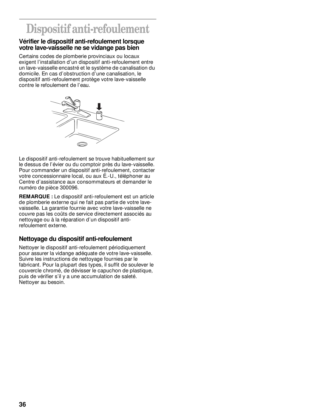 Whirlpool DU912 8051563 manual Dispositif anti-refoulement, Nettoyage du dispositif anti-refoulement 