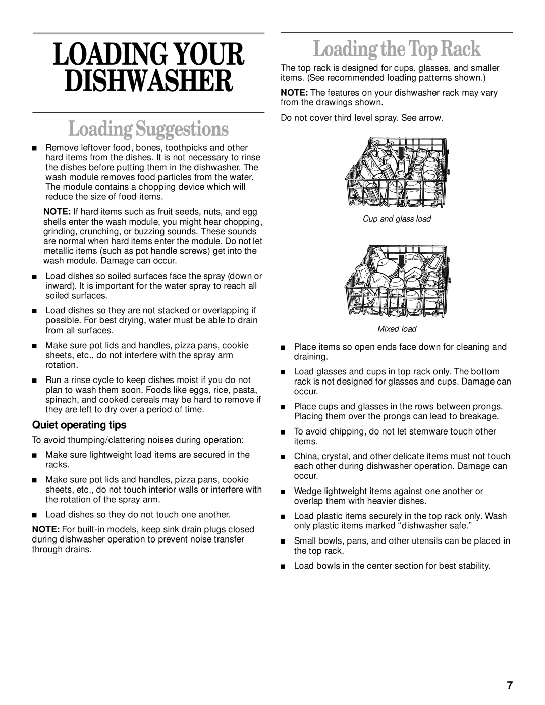 Whirlpool DU912 8051563 manual Dishwasher, LoadingSuggestions, LoadingtheTop Rack, Quiet operating tips, Loading Your 