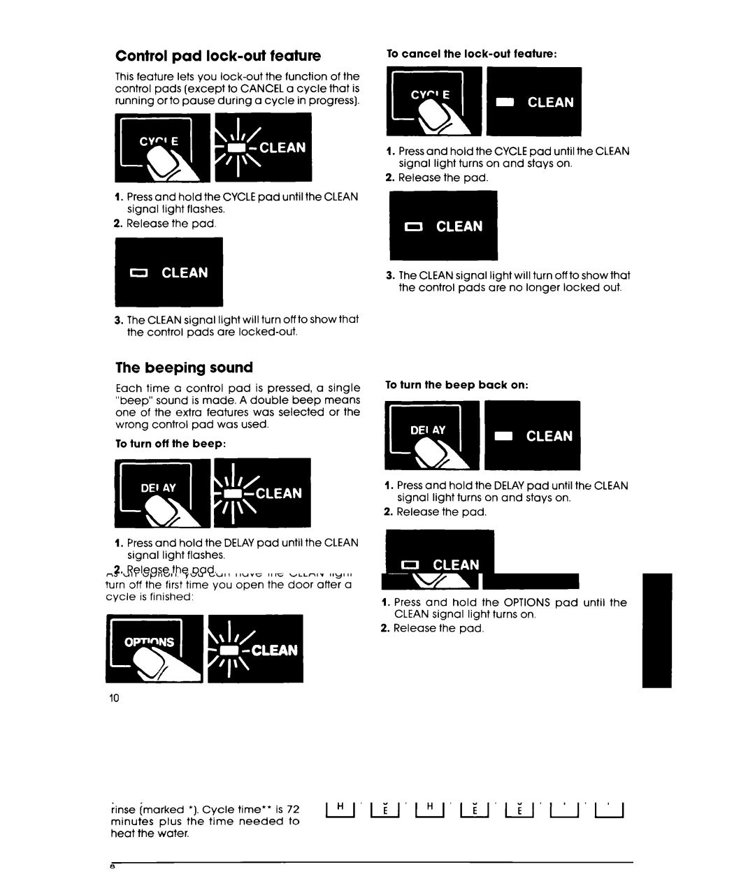 Whirlpool DU9200XT manual Control pad lock-out feature, Beeping sound 