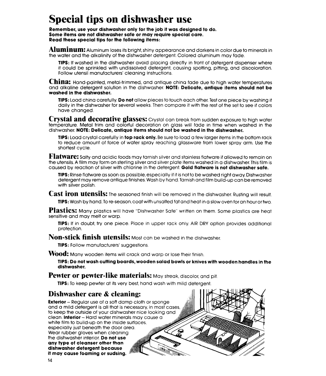 Whirlpool DU9200XT manual Special tips on dishwasher use, Non-stick, Dishwasher care & cleaning 