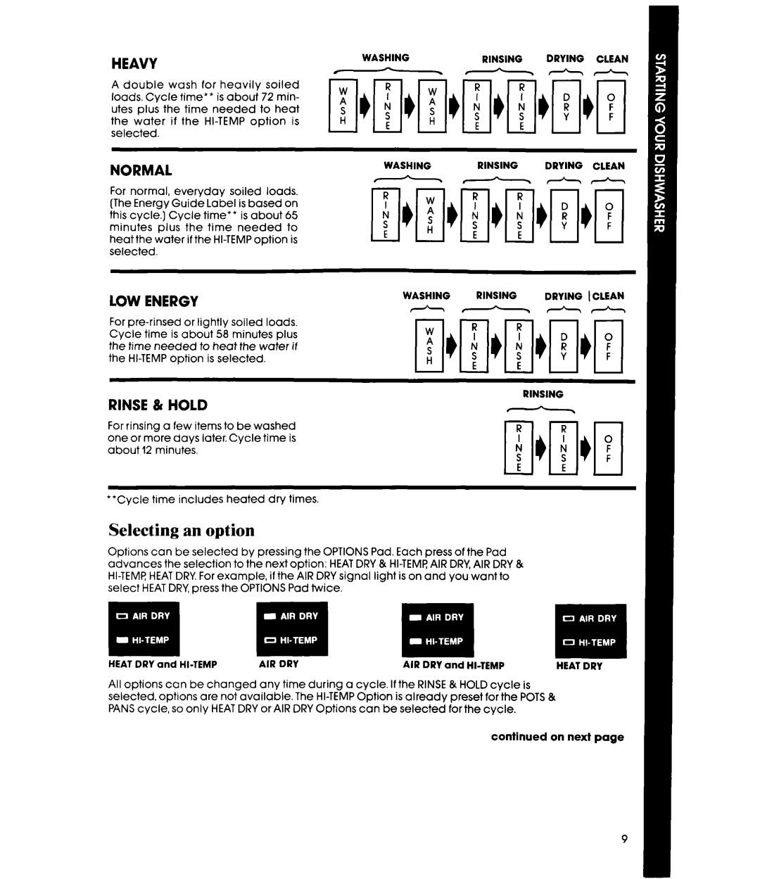 Whirlpool DU9200XT manual Selecting an option, Heavy, Normal, LOW Energy, Rinse 81 Hold 