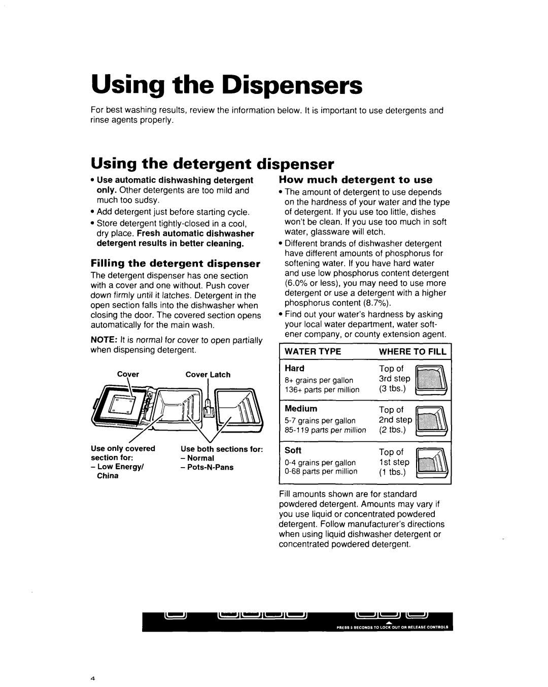 Whirlpool DU930QWD, DU935QWD warranty Using the Dispensers, Using the detergent dispenser, Filling the detergent dispenser 