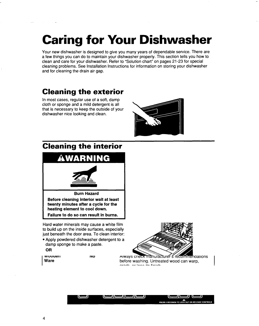 Whirlpool DU930QWD, DU935QWD warranty Caring for Your Dishwasher, Cleaning the exterior Cleaning the interior 