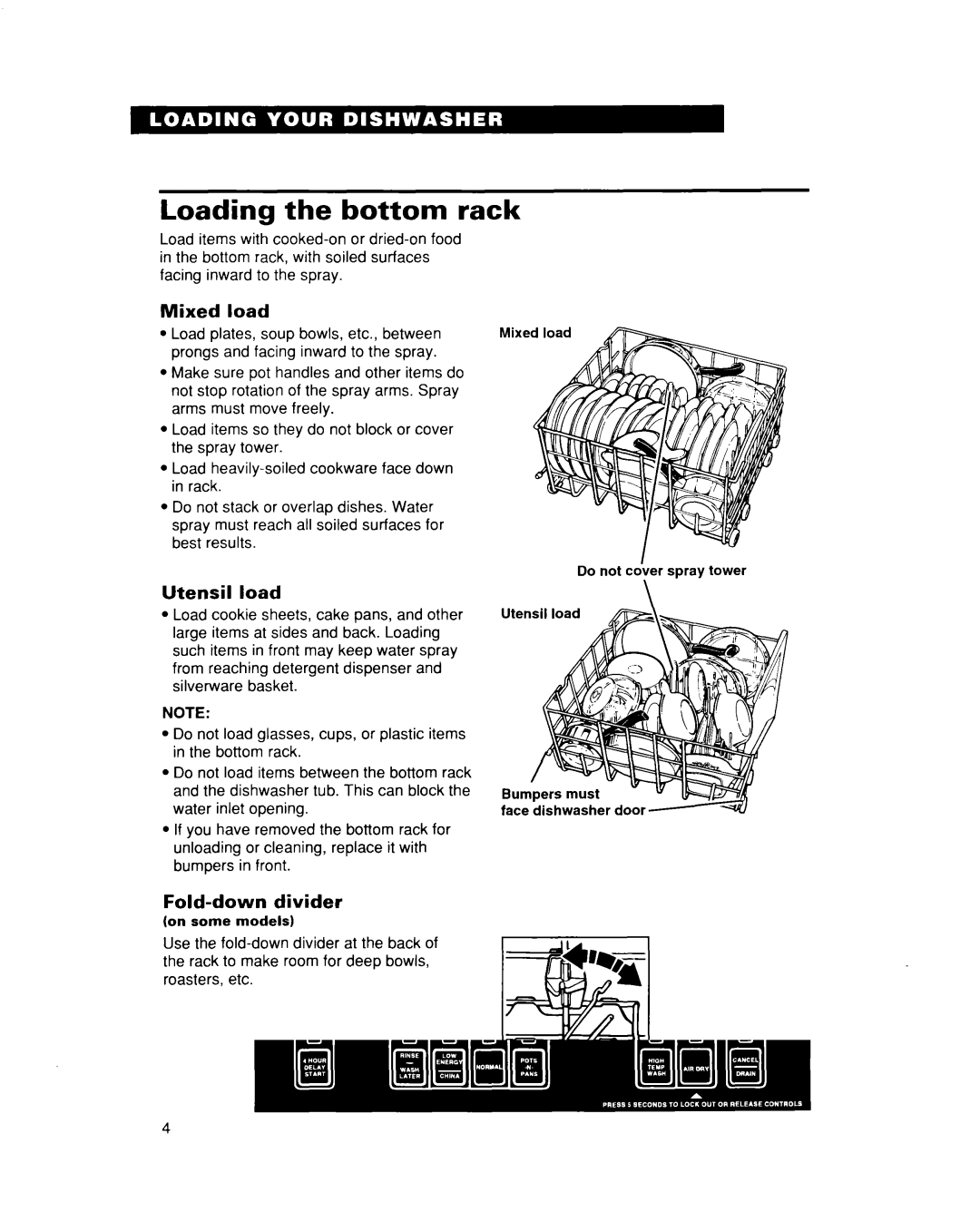 Whirlpool DU930QWD, DU935QWD warranty Loading the bottom rack, Mixed load, Utensil load, Fold-down divider 