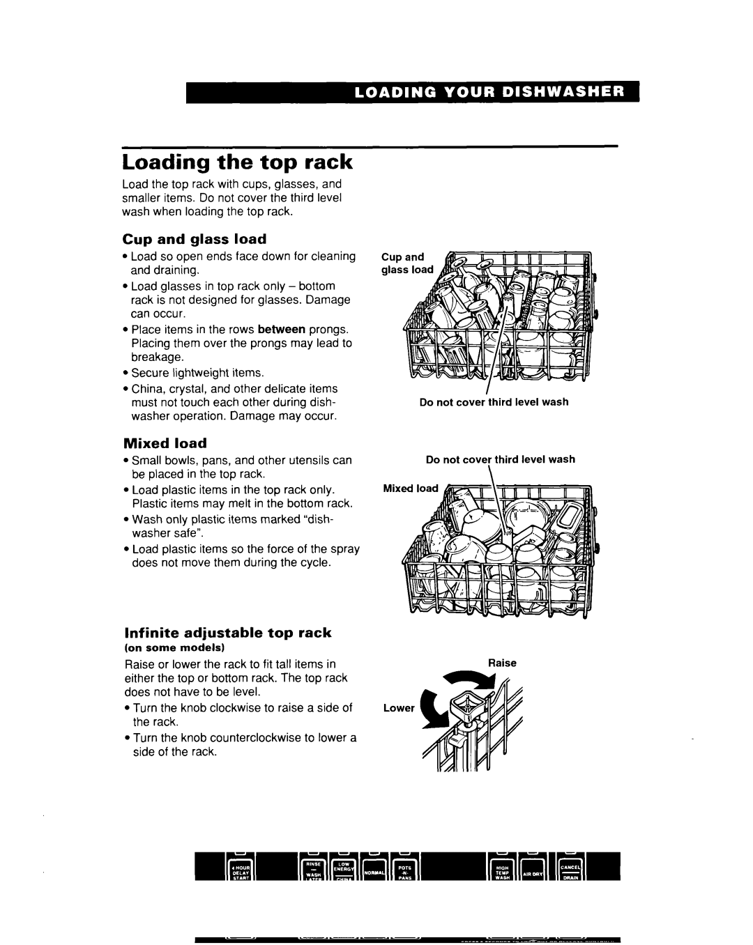 Whirlpool DU935QWD, DU930QWD warranty Loading the top rack, Cup and glass load, Mixed, Infinite Adjustable Top Rack 