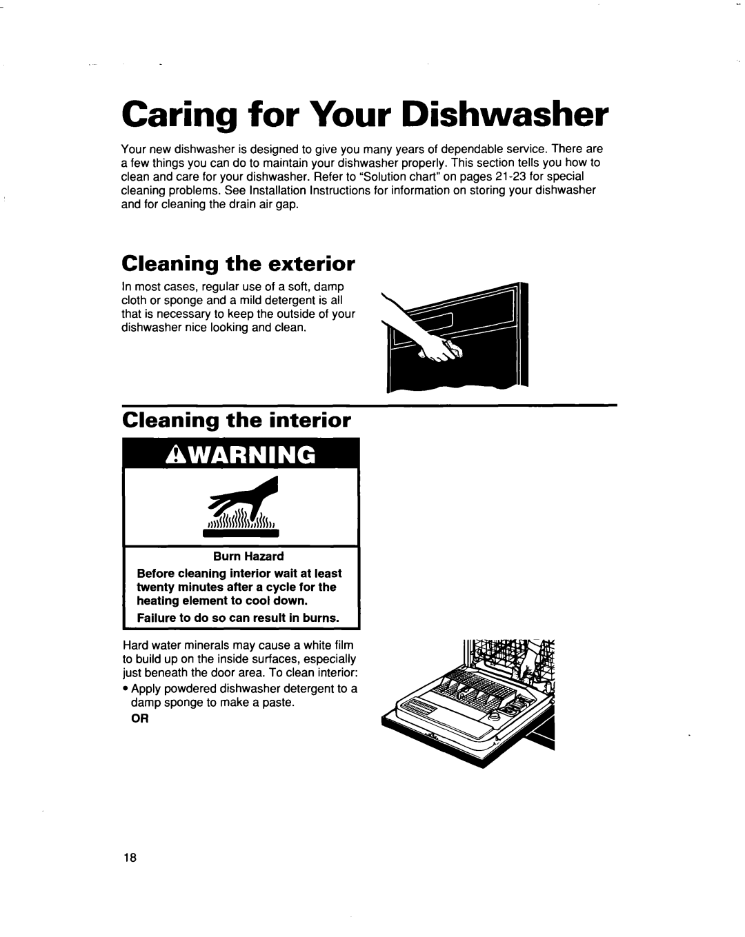 Whirlpool DU930QWD, DU935QWD warranty Caring for Your Dishwasher, Cleaning the exterior Cleaning the interior 