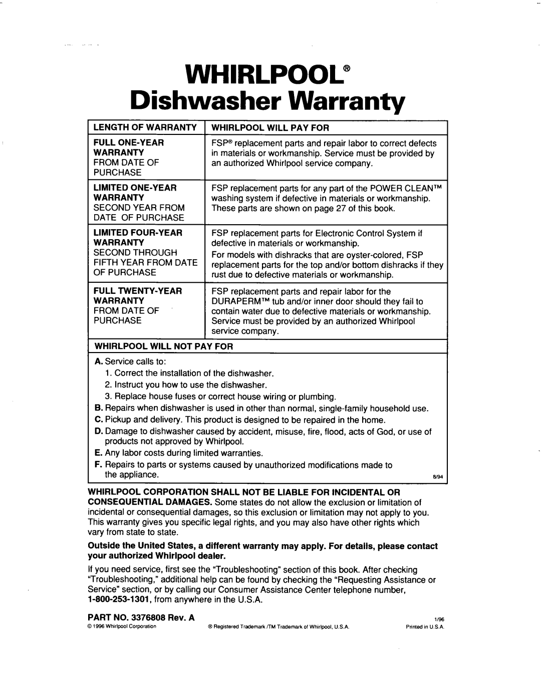 Whirlpool DU930QWD, DU935QWD warranty WHIRLPOOL@ Dishwasher Warranty 