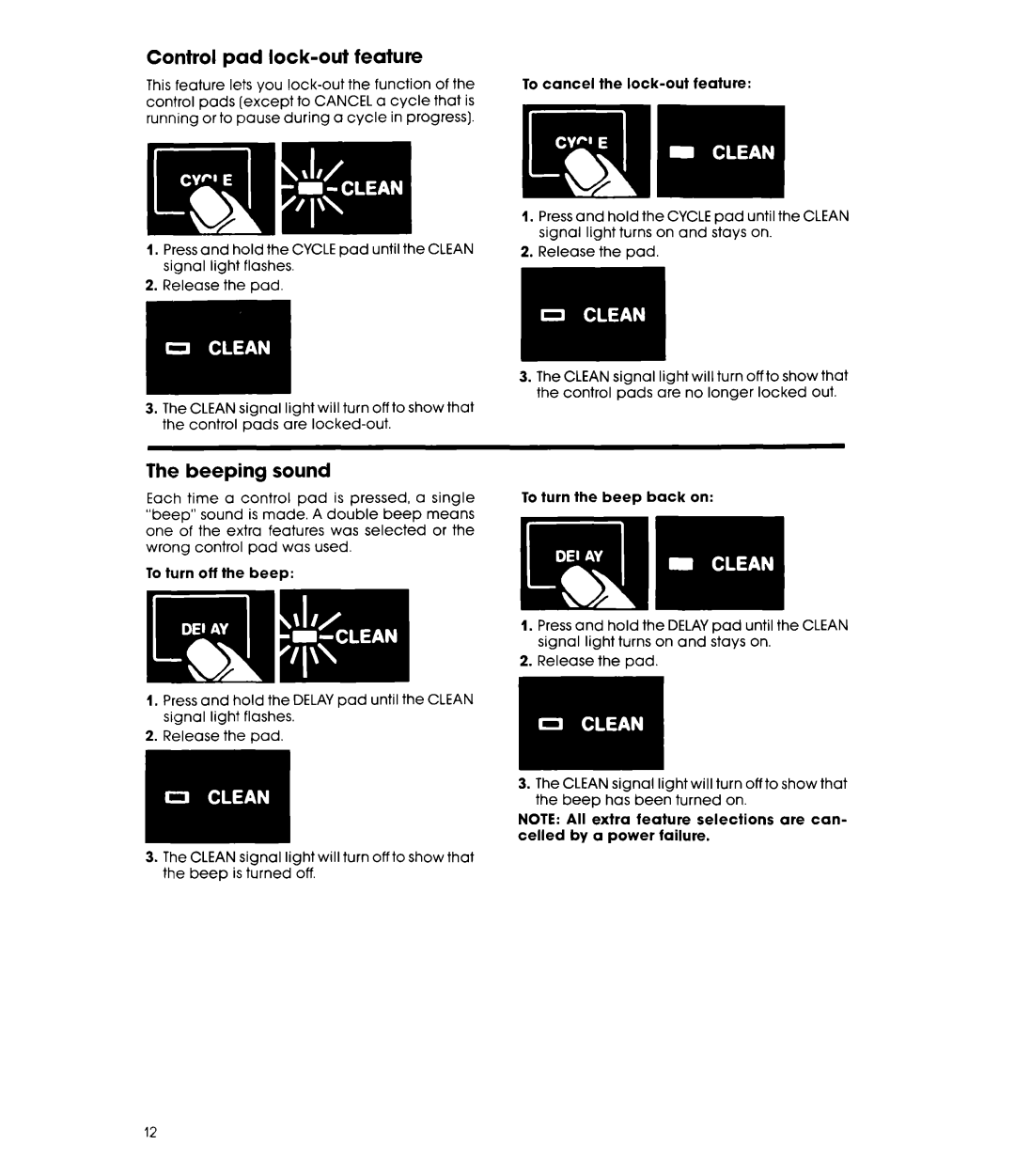 Whirlpool DU9400XT Series manual Control Pad Lock-out Feature, Beeping sound 