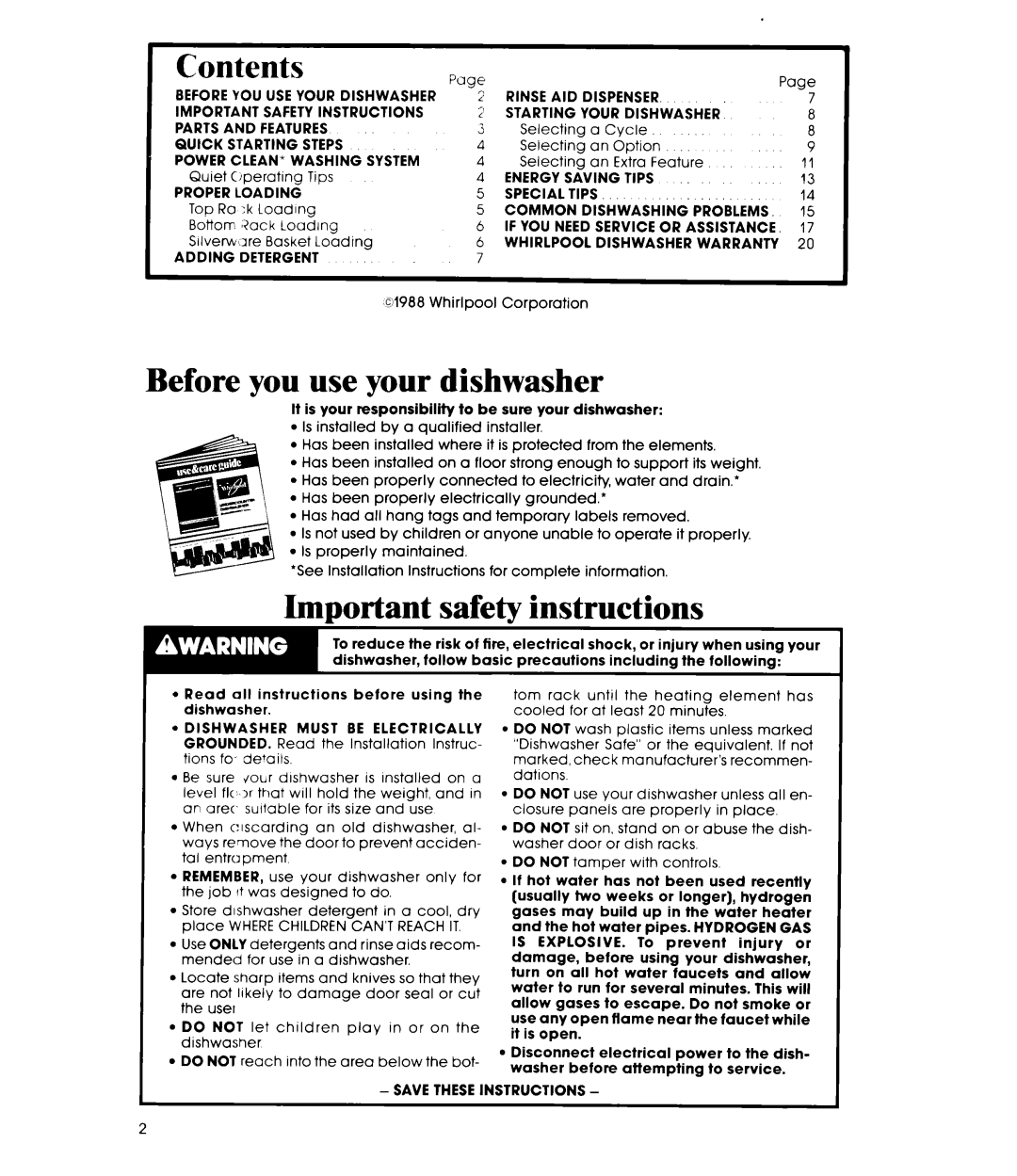 Whirlpool DU9400XT Series manual Contents, Before you use your dishwasher, Important safety instructions 