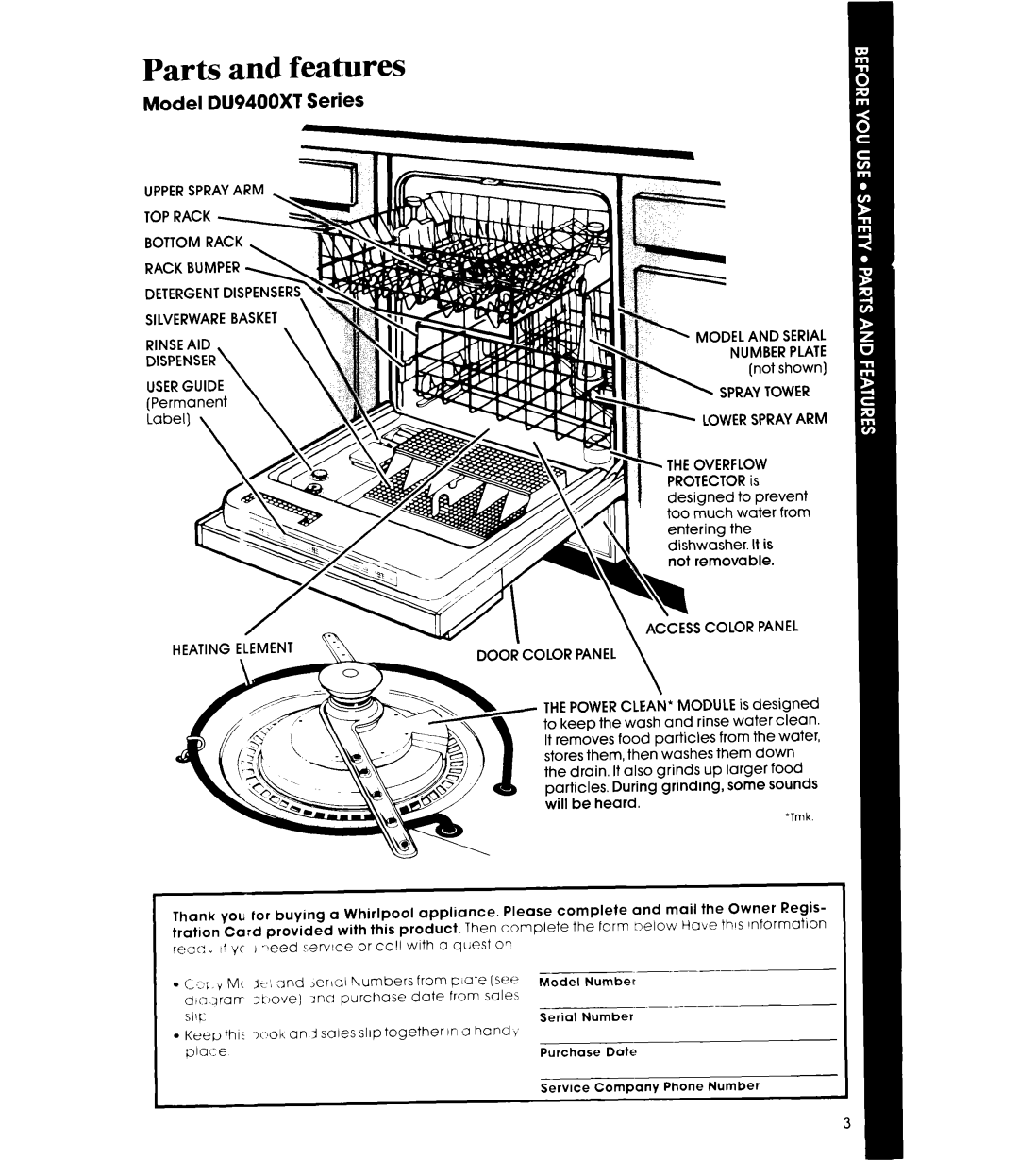 Whirlpool manual Parts and features, Model DU9400XT Series, Rack Bumper Silverware Basket \ \ P, Upperspray ARM 