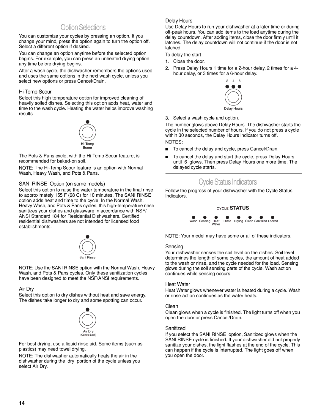 Whirlpool DU943, DU620 manual Option Selections, Cycle Status Indicators 