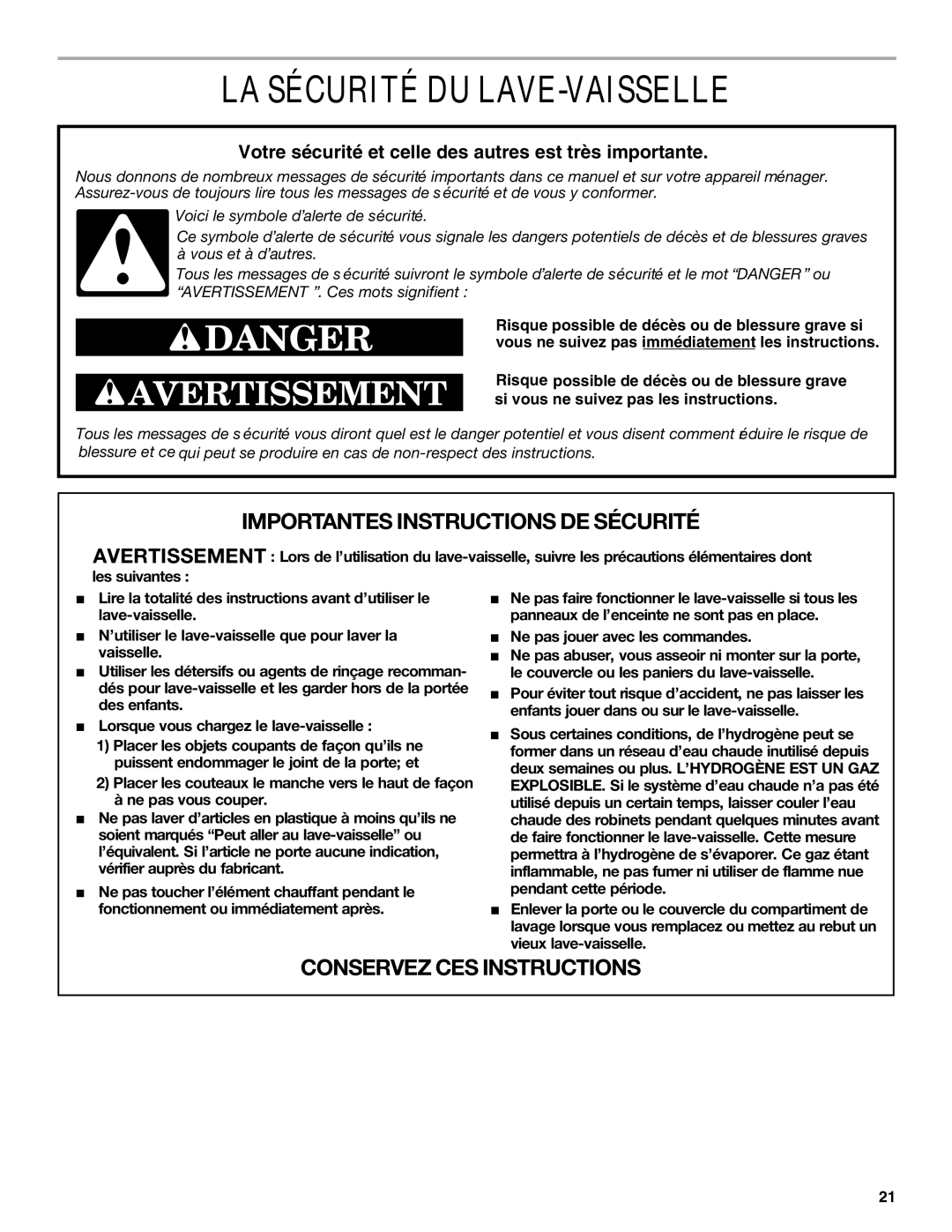 Whirlpool DU620, DU943 manual LA Sécurité DU LAVE-VAISSELLE, Votre sécurité et celle des autres est très importante 