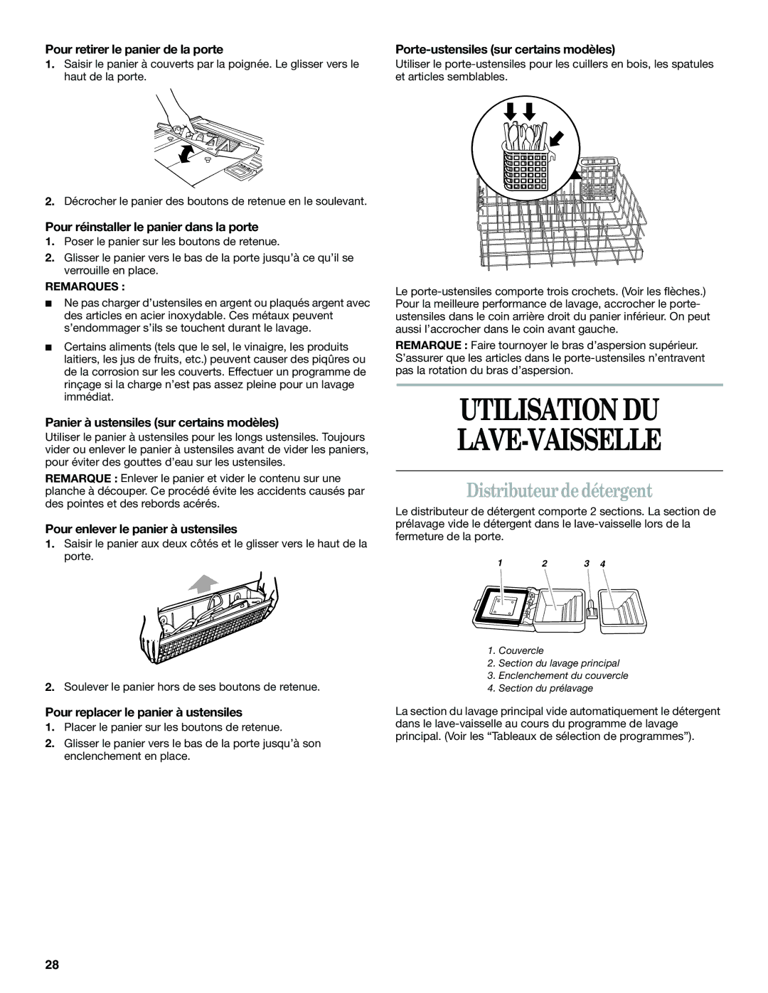 Whirlpool DU943, DU620 manual Utilisation DU LAVE-VAISSELLE, Distributeur de détergent 