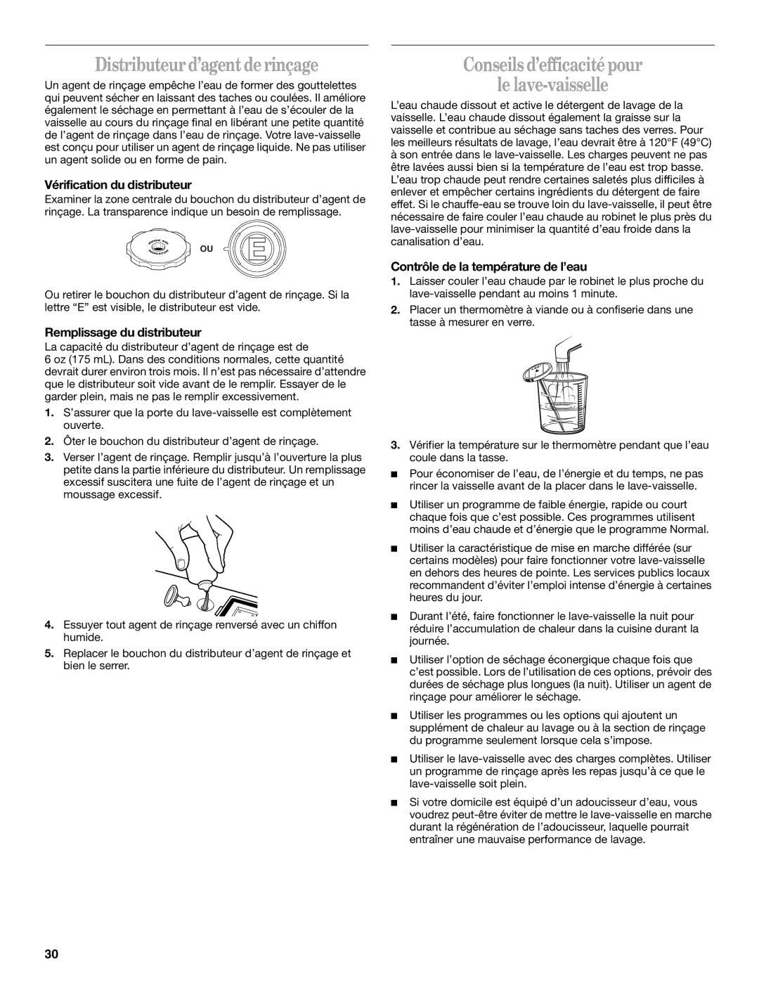 Whirlpool DU943, DU620 manual Distributeur d’agent de rinçage, Conseils d’efficacité pour Le lave-vaisselle 