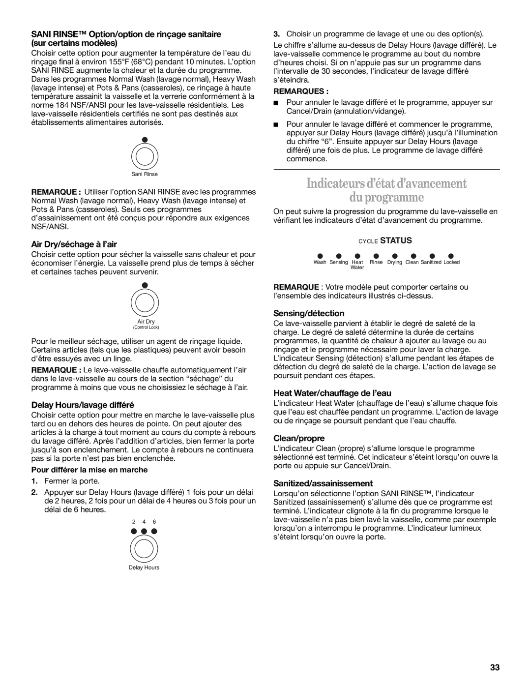 Whirlpool DU620, DU943 manual Indicateurs d’état d’avancement Du programme 