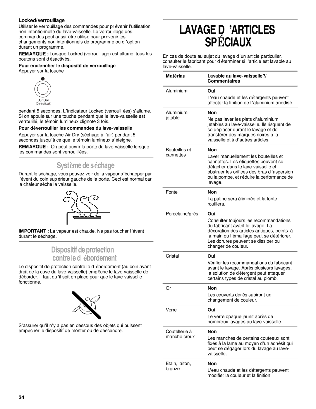 Whirlpool DU943, DU620 manual Lavage D’ARTICLES Spéciaux, Système de séchage, Locked/verrouillage 