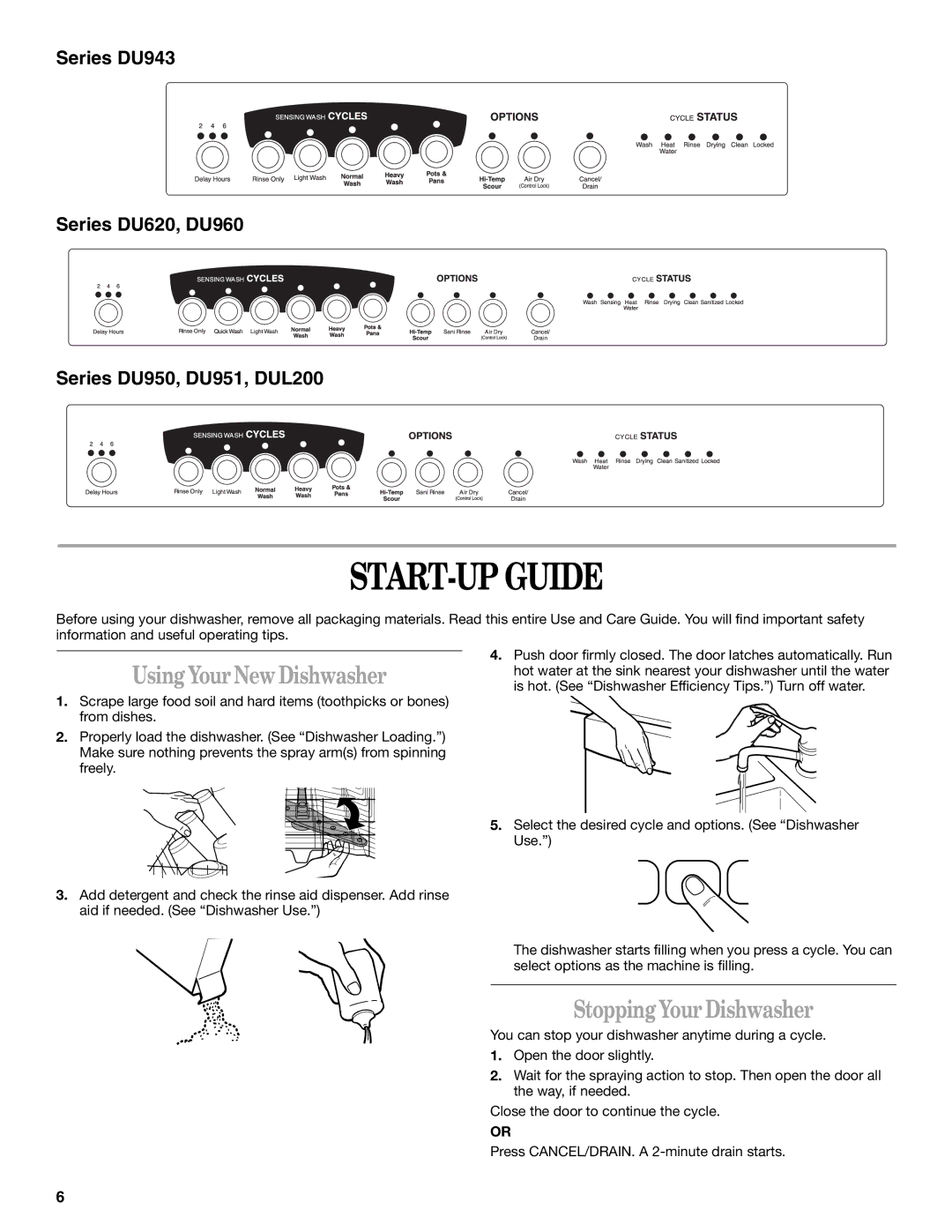 Whirlpool DU943, DU620 manual START-UP Guide, Using Your New Dishwasher, Stopping Your Dishwasher 