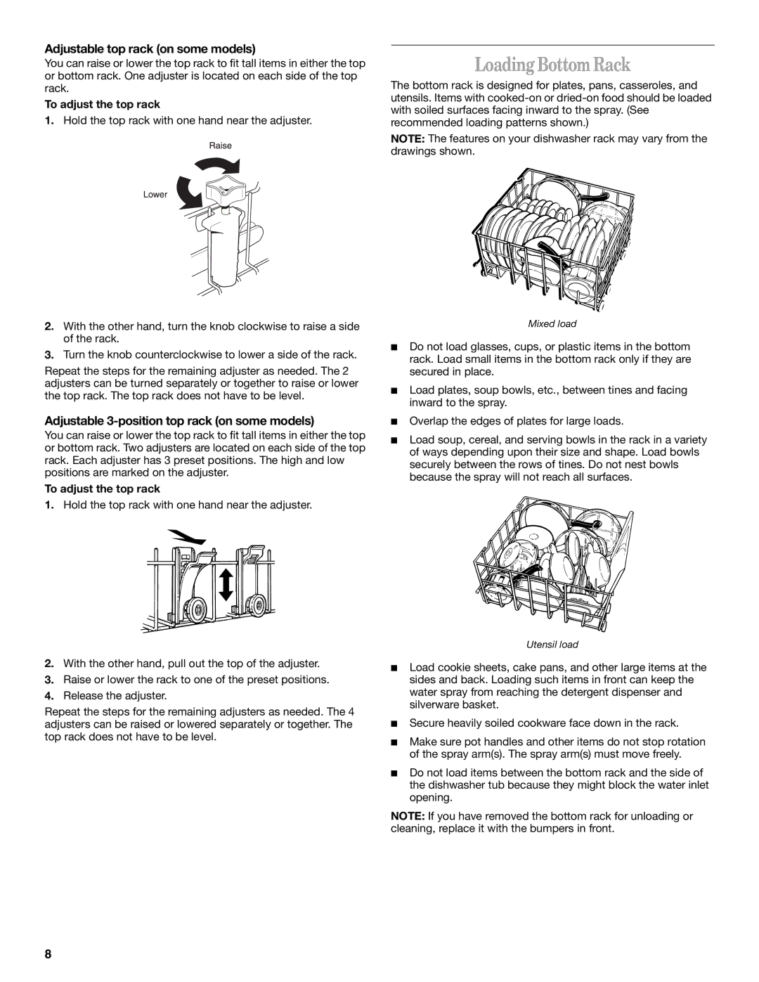 Whirlpool DU943 Loading Bottom Rack, Adjustable top rack on some models, Adjustable 3-position top rack on some models 