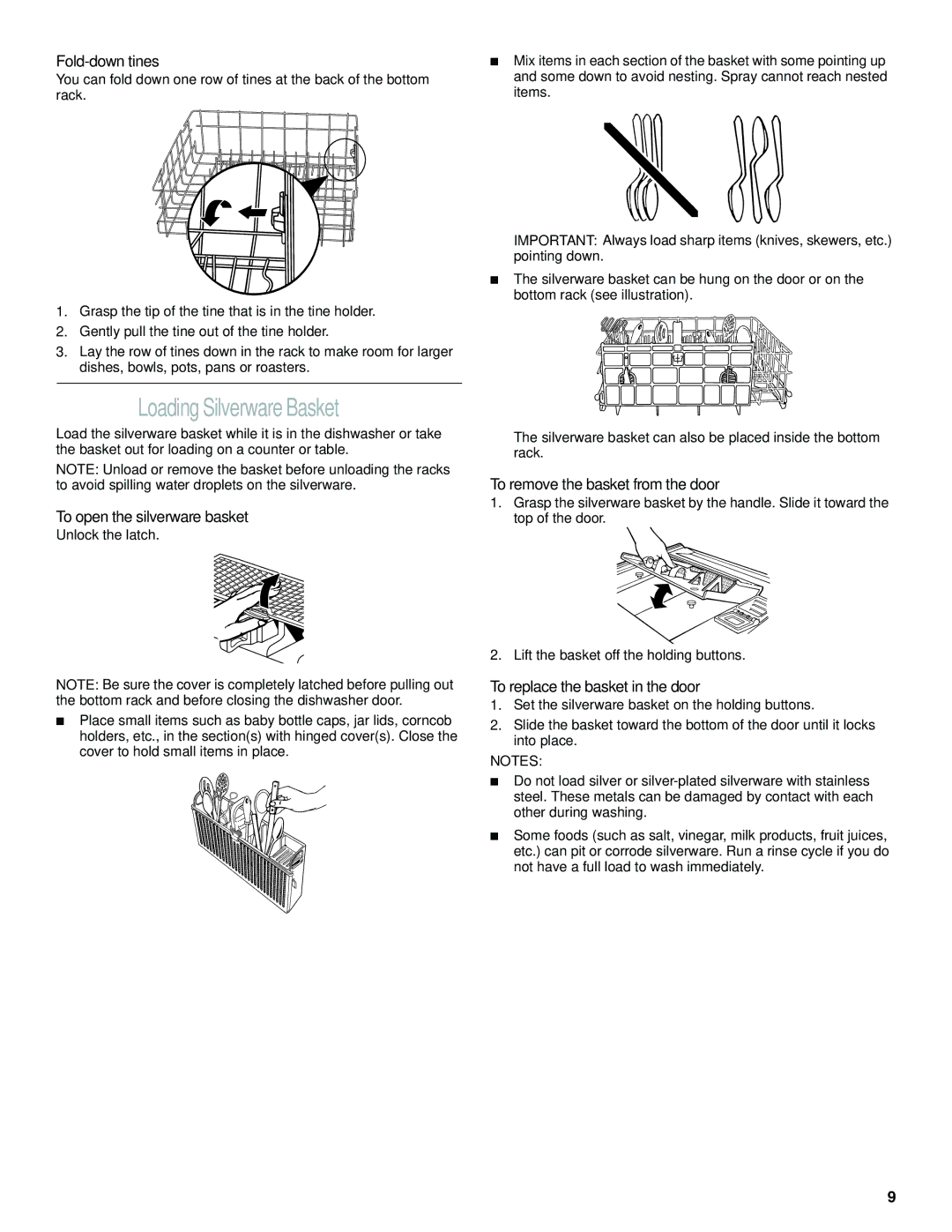 Whirlpool DU620, DU943 manual Loading Silverware Basket, Fold-down tines, To open the silverware basket 