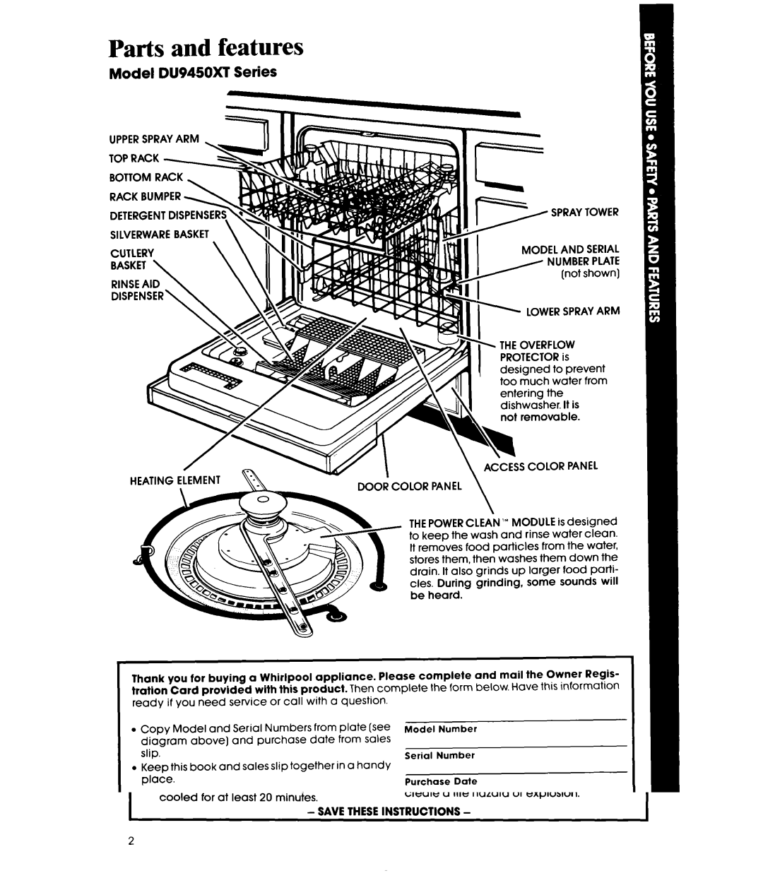 Whirlpool DU9450XT manual Parts and features, Model DU945OXT Series, Heating Element 