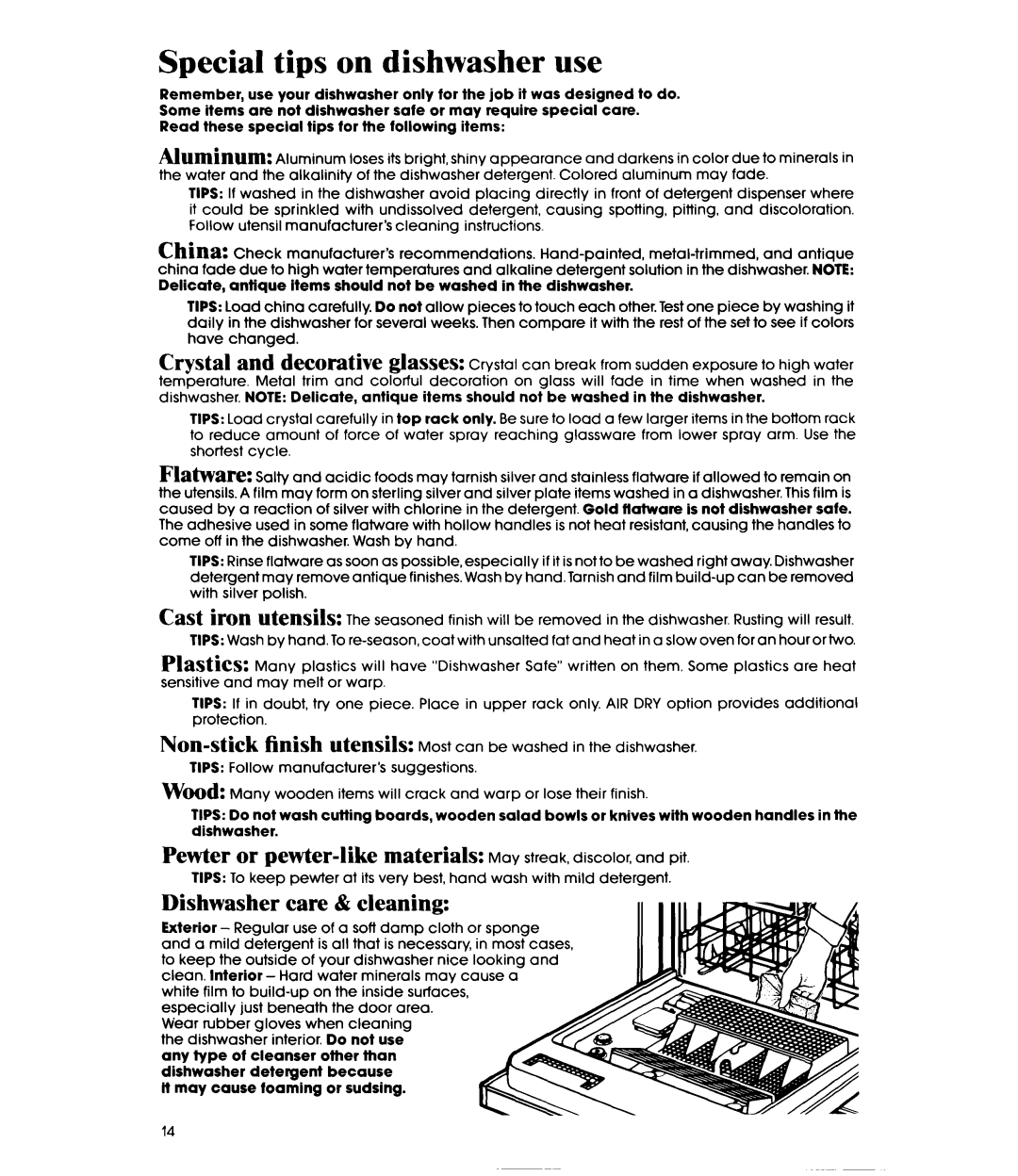 Whirlpool DU9450XT manual Special tips on dishwasher use, China, Dishwasher care & cleaning 