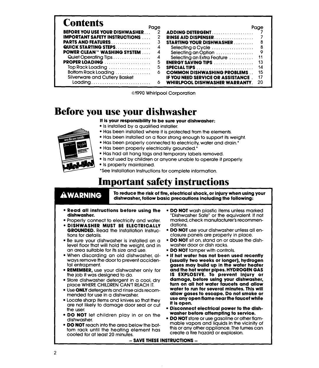 Whirlpool DU9450XT manual Contents, Before you use your dishwasher, safety instructions 