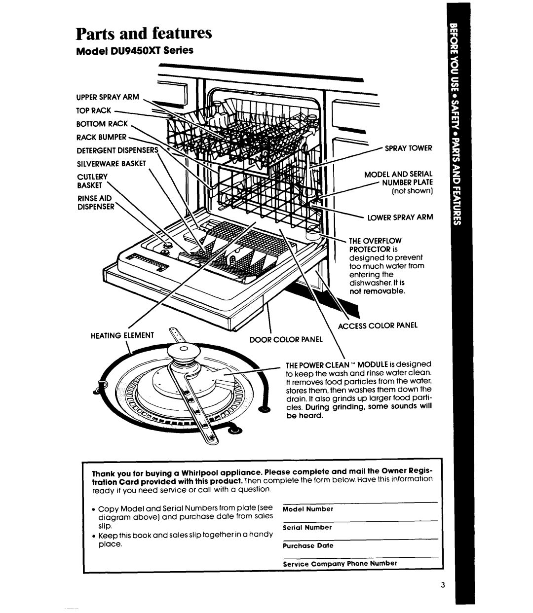 Whirlpool DU9450XT manual Parts and features, Model DU945OXT Series 