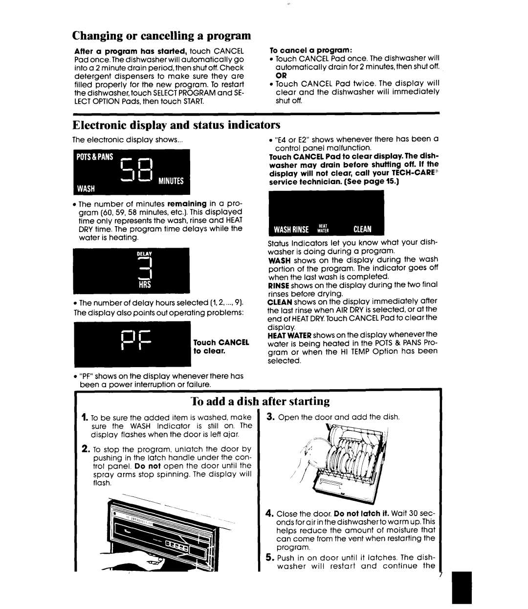 Whirlpool DU9500XR manual Changing or cancelling a program, Electronic display and status indicators 