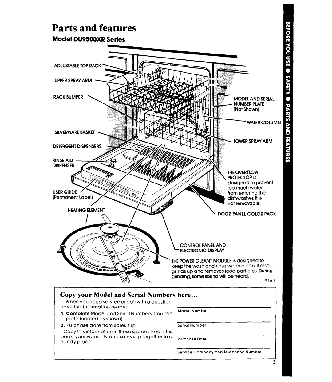 Whirlpool DU9500XR manual Parts and features, Model and Serial + Number Plate, Lowersprayarm \ Theoverflow 