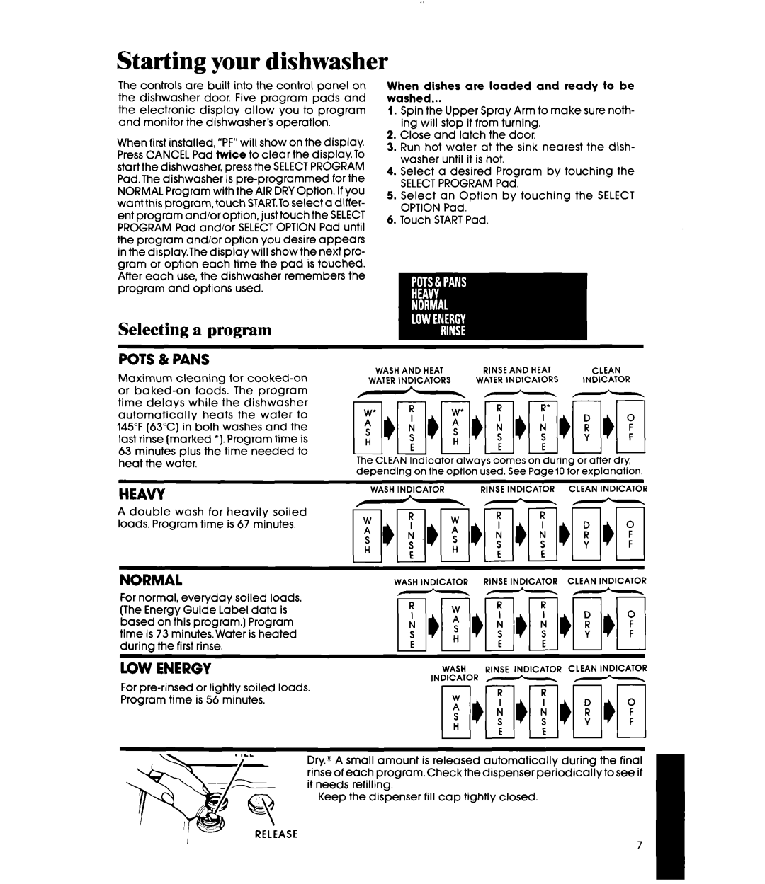 Whirlpool DU9500XR manual Starting your dishwasher, Selecting a program 