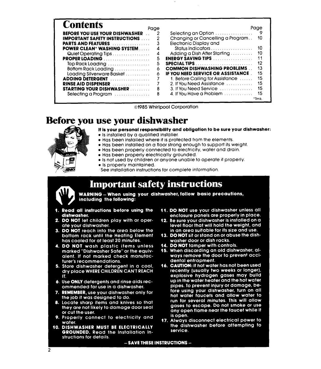 Whirlpool DU9500XR manual Contents Page, Before- you use your dishwasher 