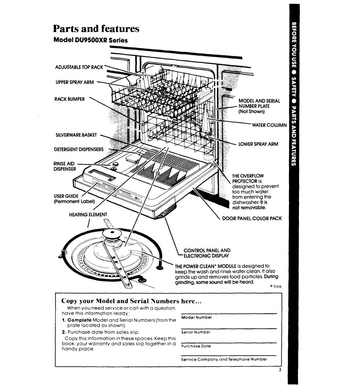 Whirlpool manual Parts and features, Model DU9500XR Series, Copy your Model and Serial Numbers, here 