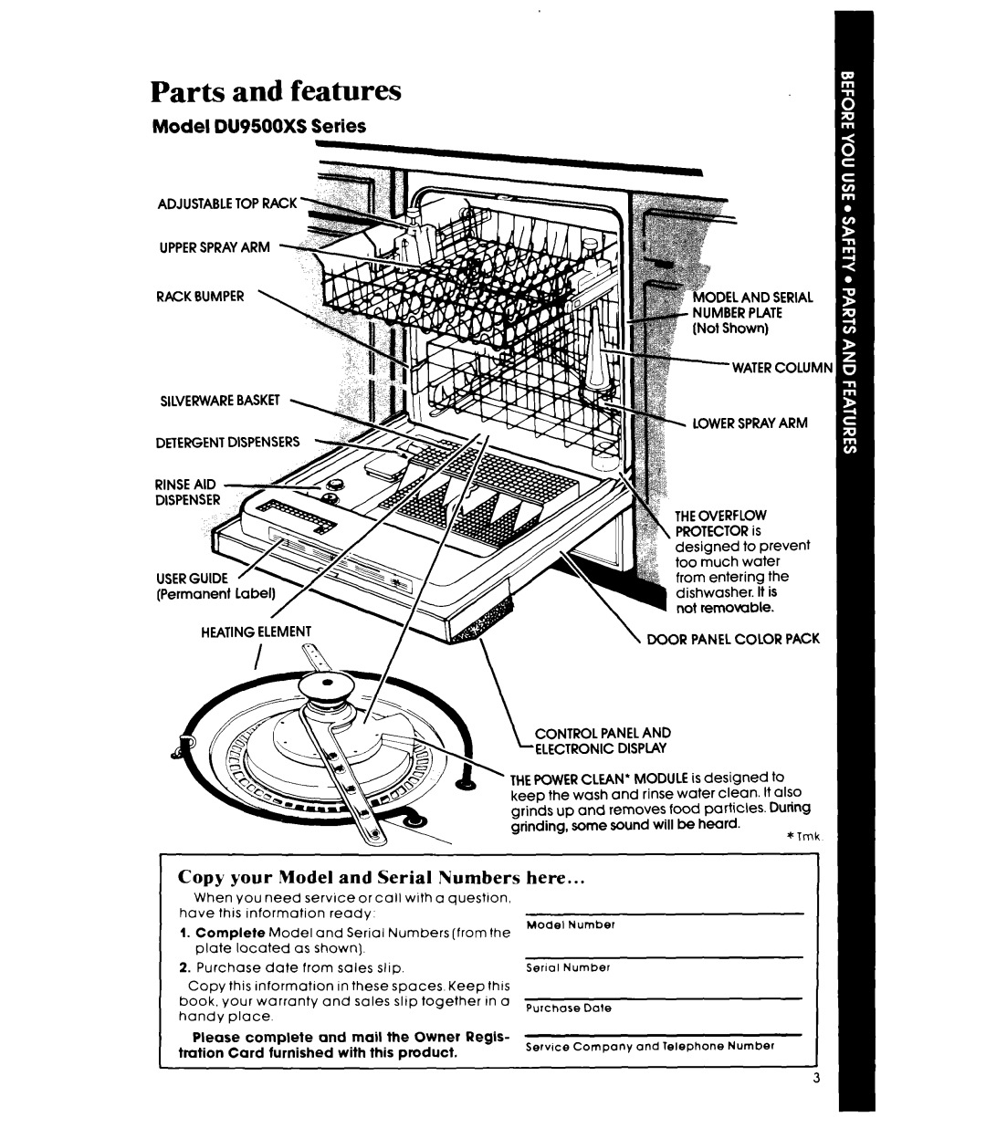 Whirlpool DU95OOXS manual Parts and features, Adjustable TOP Rack Uppersprayarm Rack Bumper, Number Plate 