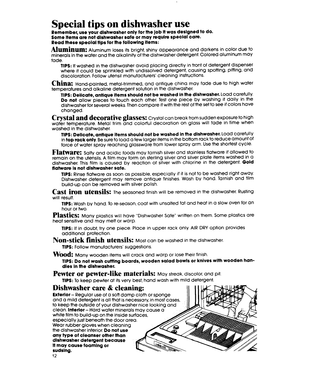 Whirlpool DU95OOXS manual Special tips on dishwasher use, Non-stick, Dishwasher care & cleaning 