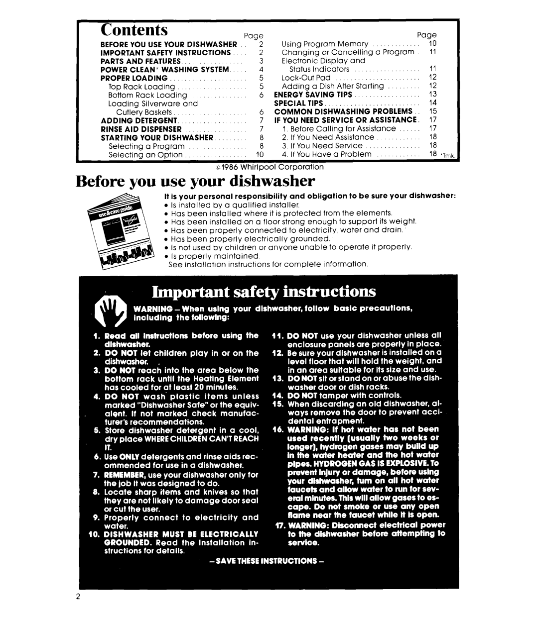 Whirlpool DU9700XR manual Contents 