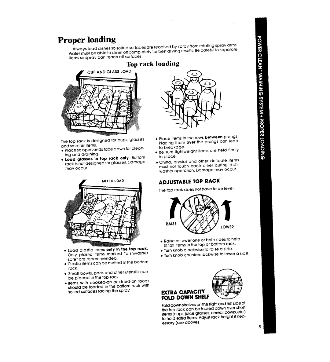 Whirlpool DU9700XR manual Proper loading, Top rack loading, Adjustable TOP Rack, Extra Capacity Fold Down Shelf 