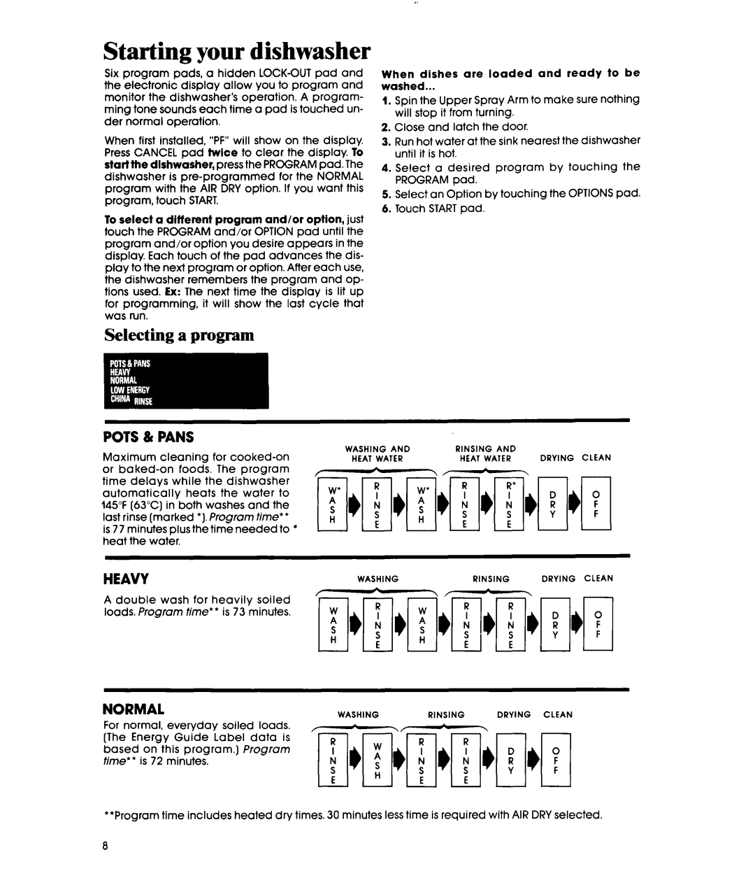 Whirlpool DU9700XR manual Selecting a program, Pots & Pans, Heavy, Normal 