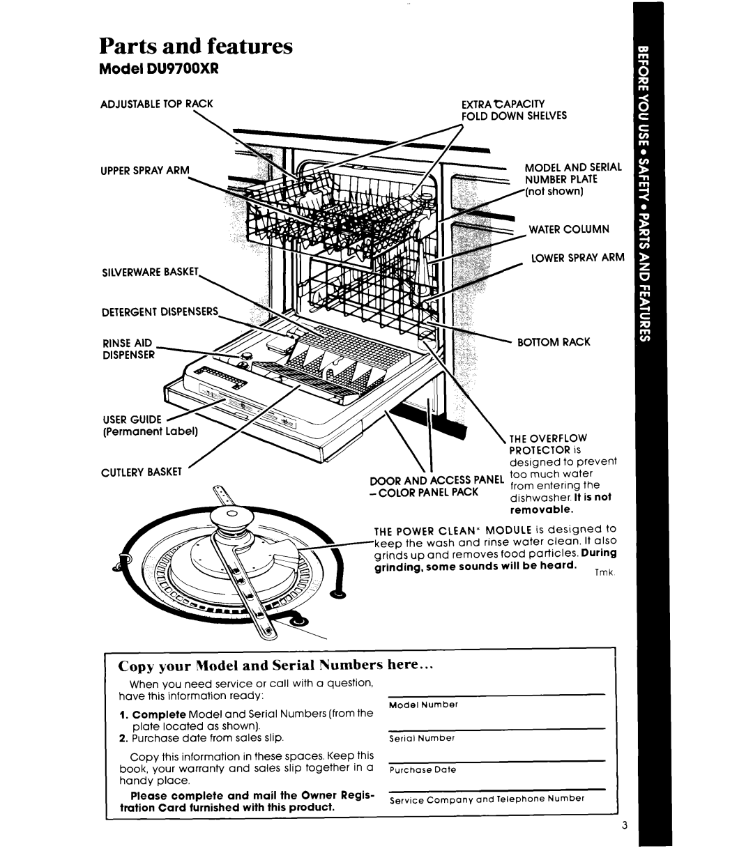 Whirlpool DU9700XR manual Parts, features, Copy your Model and Serial Numbers, here 