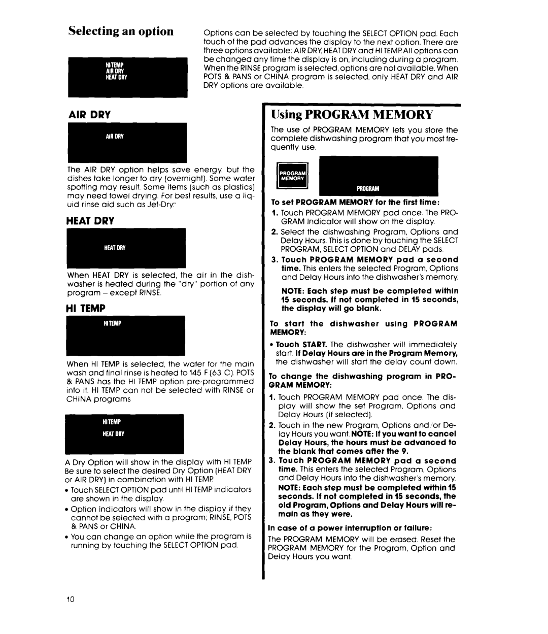 Whirlpool DU9700XT manual Selecting an option, Using Program Memory, Air Dry, Heat DRY, HI Temp 