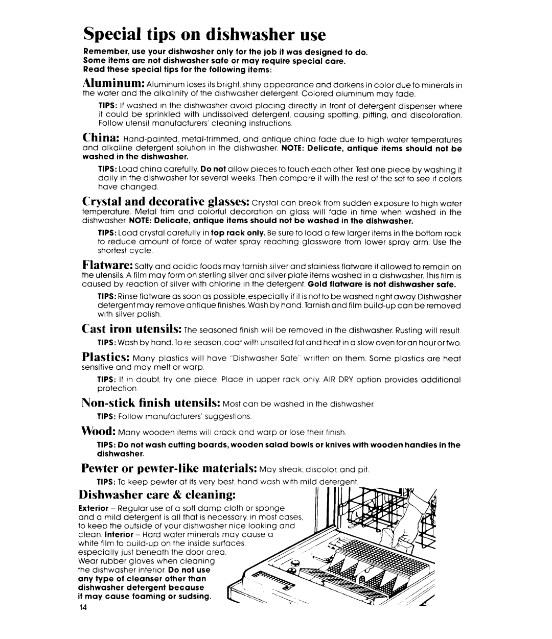 Whirlpool DU9700XT manual Special tips on dishwasher use, Non-stickfinish UteUSilS, Dishwasher care & cleaning 