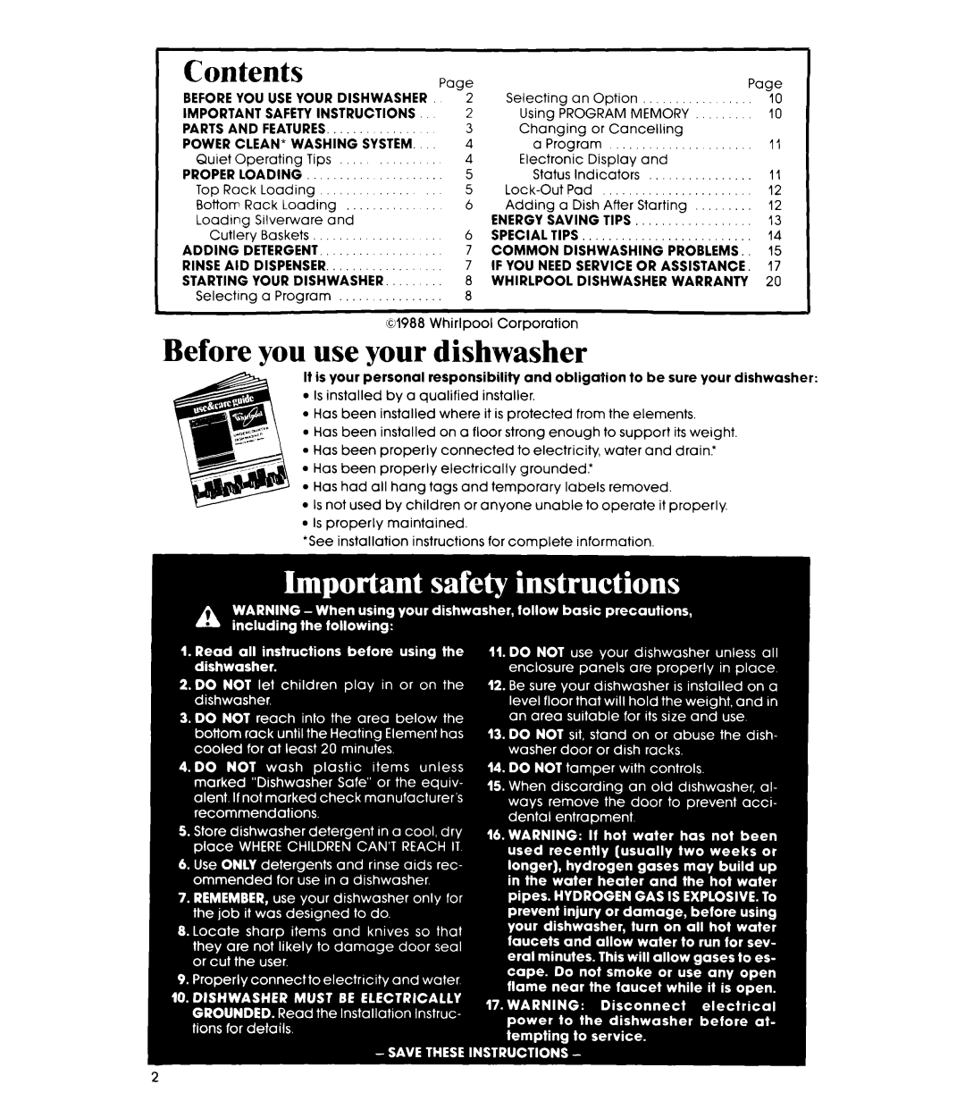 Whirlpool DU9700XT manual Contents, Before you use your dishwasher 