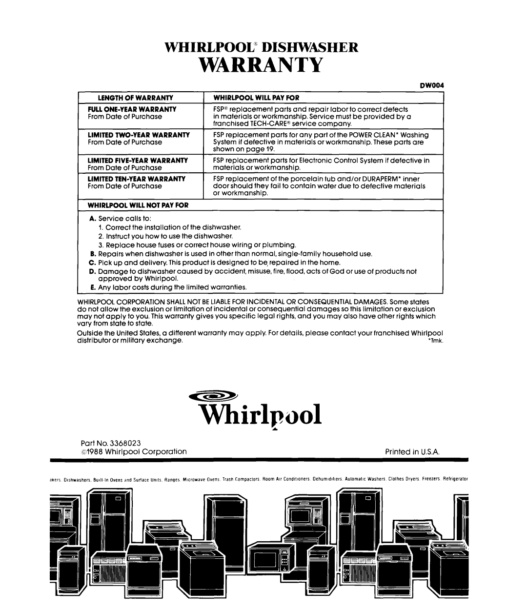 Whirlpool DU9700XT manual T&pool, Warranty, Whirlpool” Diswmher 