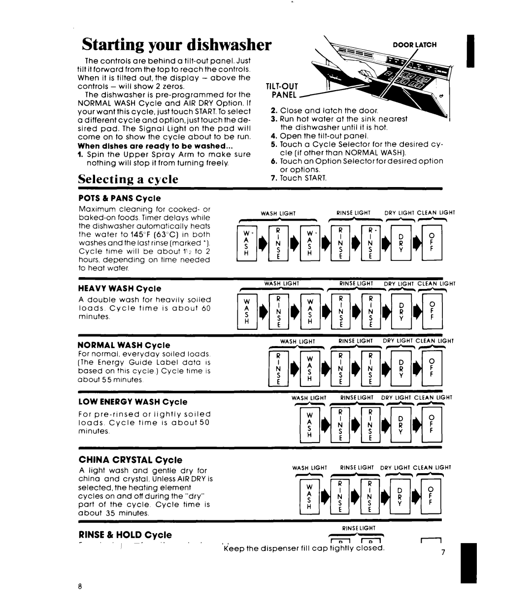 Whirlpool DU9900XR manual Starting your dishwasher, Selecting a cycle 