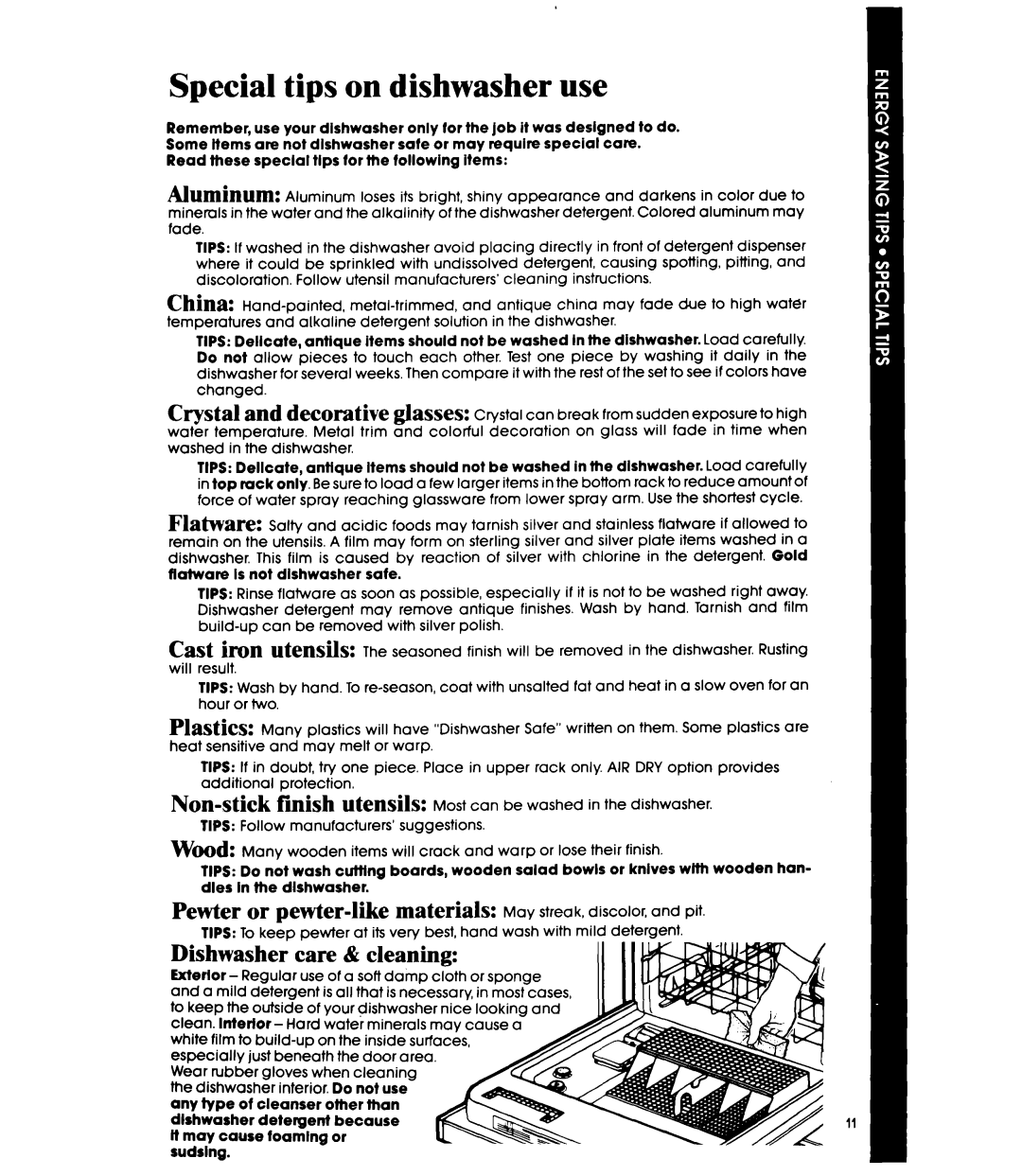 Whirlpool DUSOOXR manual Special tips on dishwasher use, Dishwasher care & cleaning 