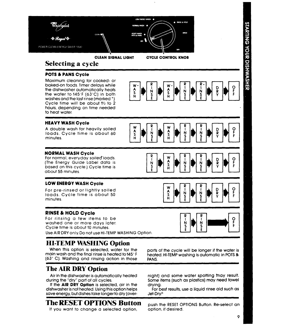 Whirlpool DUSOOXR manual Selecting a cycle, HI-TEMP Washing Option, AIR DRY Option, Reset Options Button 