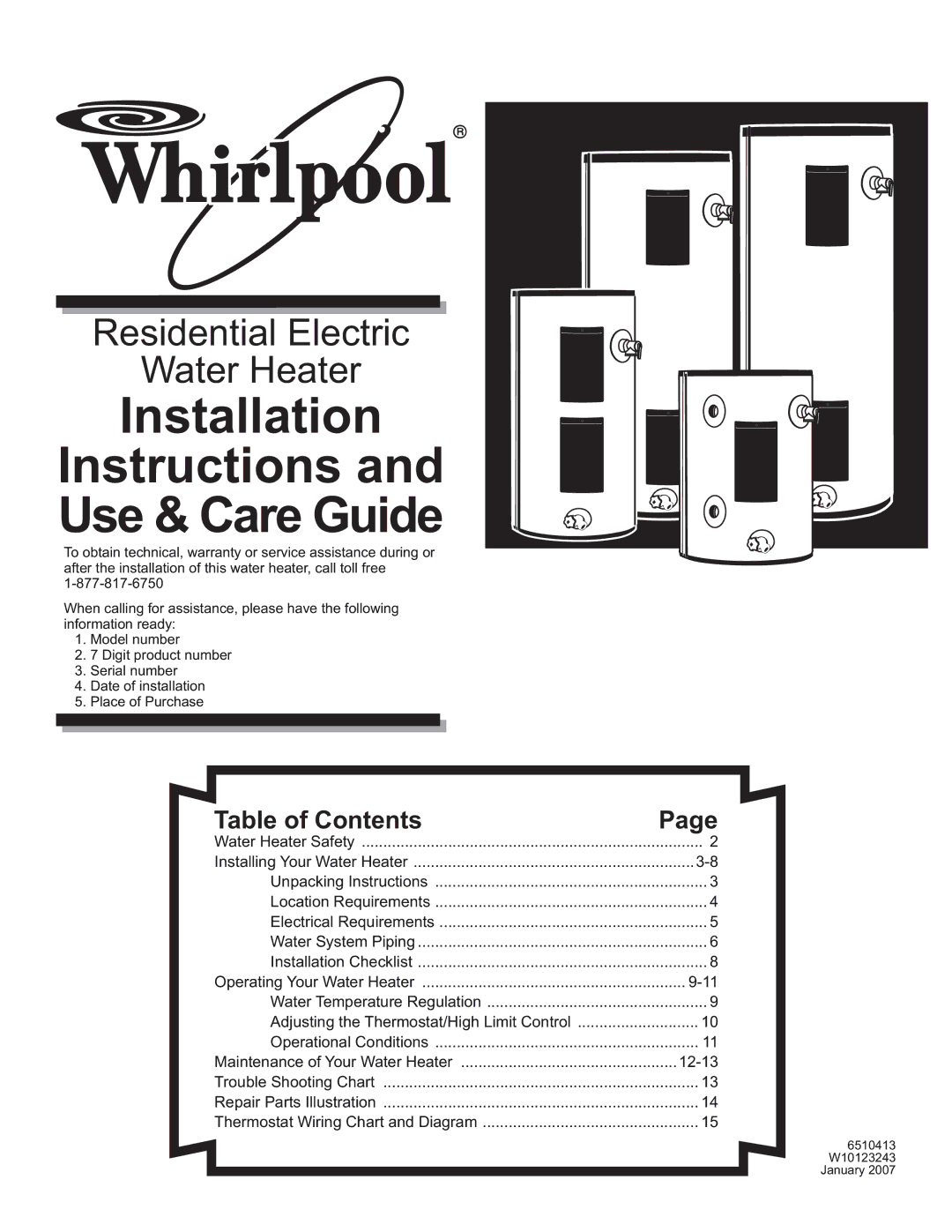 Whirlpool E2F65HD045V, E2F50HD045V, E1F20US015V 120V installation instructions Installation Instructions Use & Care Guide 