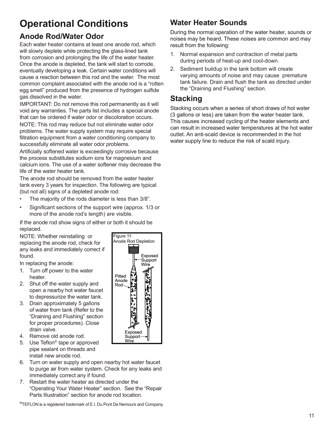 Whirlpool E2F50LD045V, E2F50HD045V, E2F65HD045V Operational Conditions, Anode Rod/Water Odor, Water Heater Sounds, Stacking 